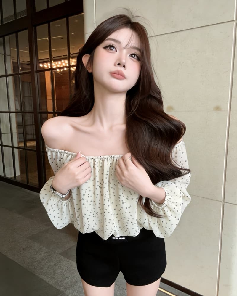 실사 새로운 섹시함 레오파드 무늬 쉬폰 오프숄더 거품 소매 맨위 여성 상세 이미지 5