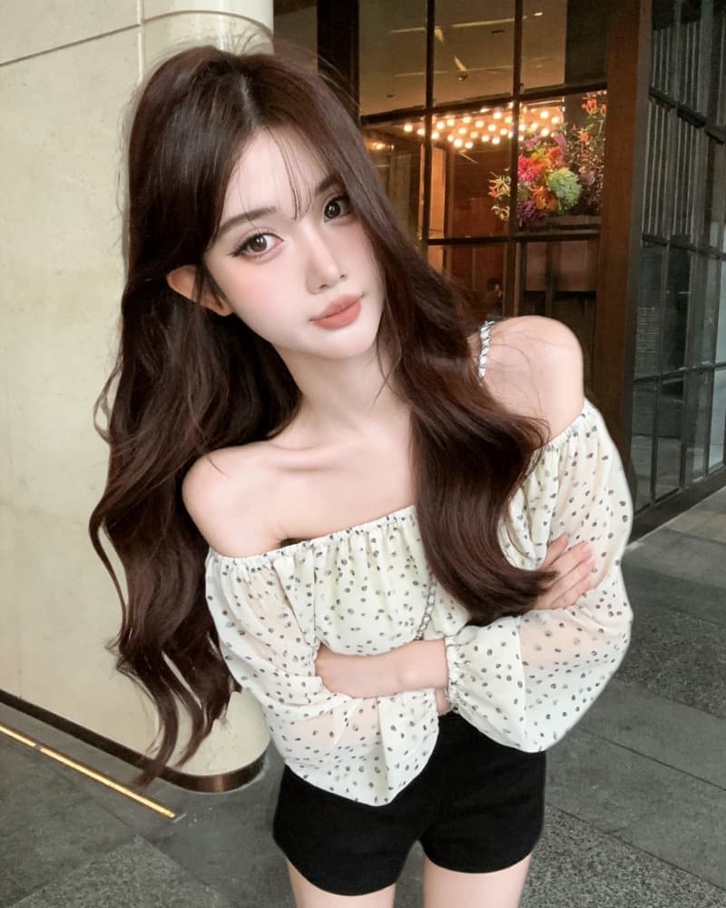 실사 새로운 섹시함 레오파드 무늬 쉬폰 오프숄더 거품 소매 맨위 여성 상세 이미지 6