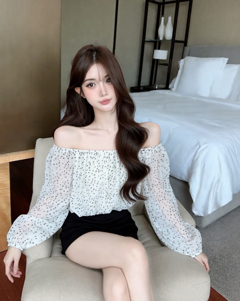 실사 새로운 섹시함 레오파드 무늬 쉬폰 오프숄더 거품 소매 맨위 여성 상세 이미지 10