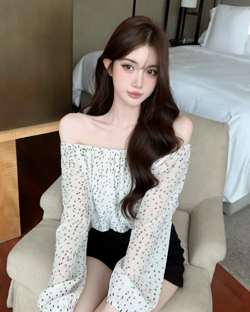 실사 새로운 섹시함 레오파드 무늬 쉬폰 오프숄더 거품 소매 맨위 여성 상세 이미지 11