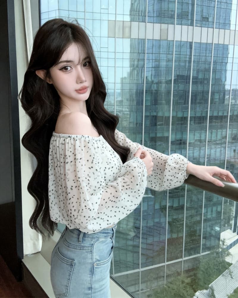 실사 새로운 섹시함 레오파드 무늬 쉬폰 오프숄더 거품 소매 맨위 여성 상세 이미지 13
