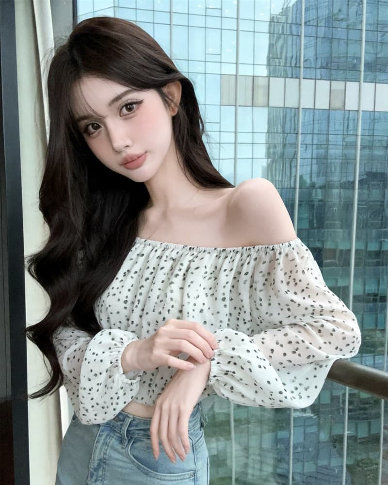 실사 새로운 섹시함 레오파드 무늬 쉬폰 오프숄더 거품 소매 맨위 여성 상세 이미지 15