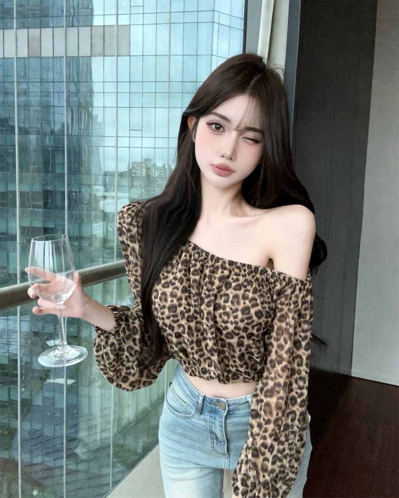 실사 새로운 섹시함 레오파드 무늬 쉬폰 오프숄더 거품 소매 맨위 여성 상세 이미지 18