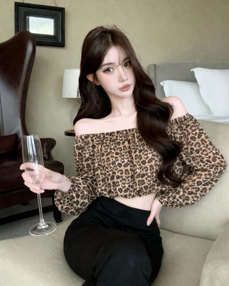실사 새로운 섹시함 레오파드 무늬 쉬폰 오프숄더 거품 소매 맨위 여성 상세 이미지 19
