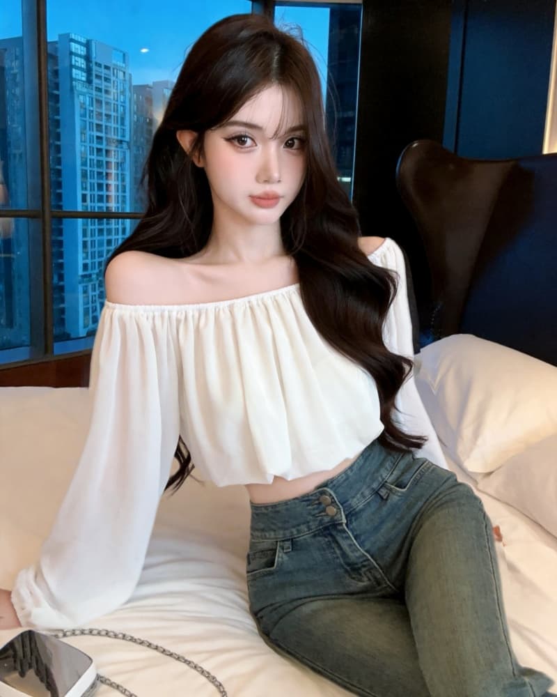 실사 새로운 섹시함 레오파드 무늬 쉬폰 오프숄더 거품 소매 맨위 여성 상세 이미지 21