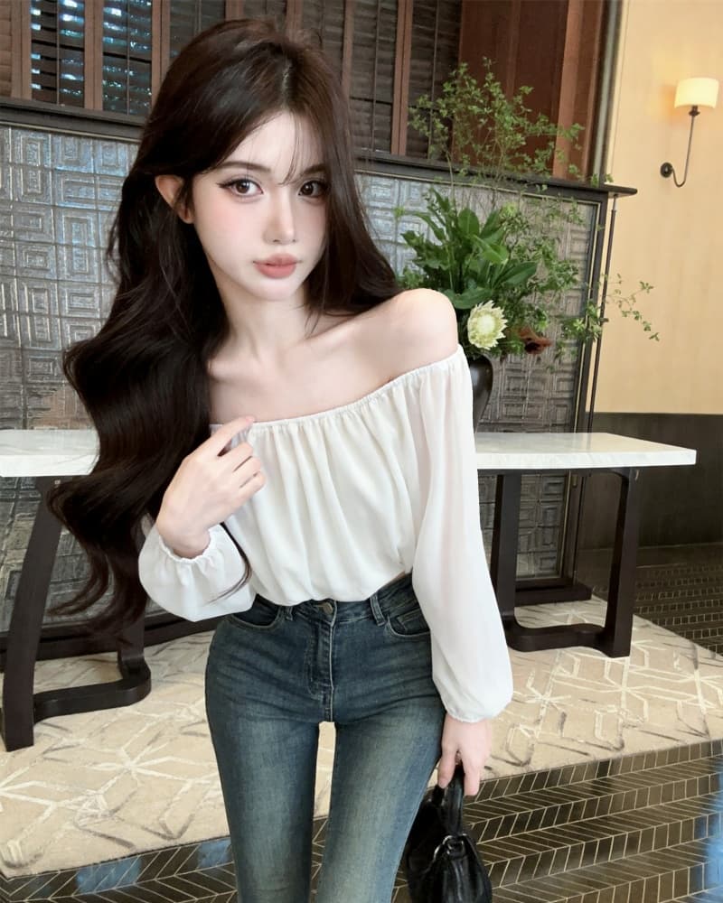 실사 새로운 섹시함 레오파드 무늬 쉬폰 오프숄더 거품 소매 맨위 여성 상세 이미지 24