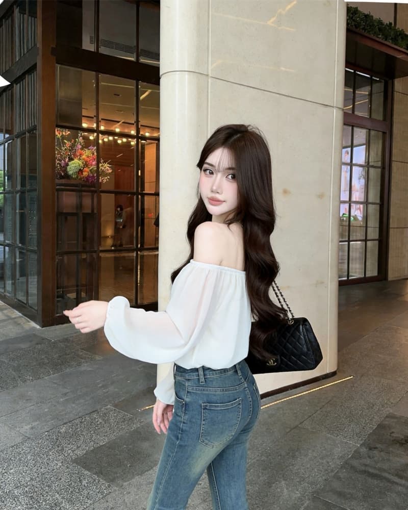 실사 새로운 섹시함 레오파드 무늬 쉬폰 오프숄더 거품 소매 맨위 여성 상세 이미지 25