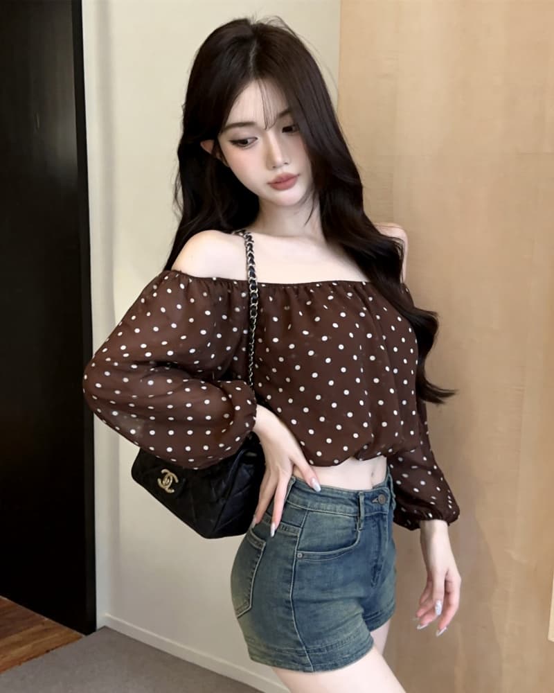 실사 새로운 섹시함 레오파드 무늬 쉬폰 오프숄더 거품 소매 맨위 여성 상세 이미지 29