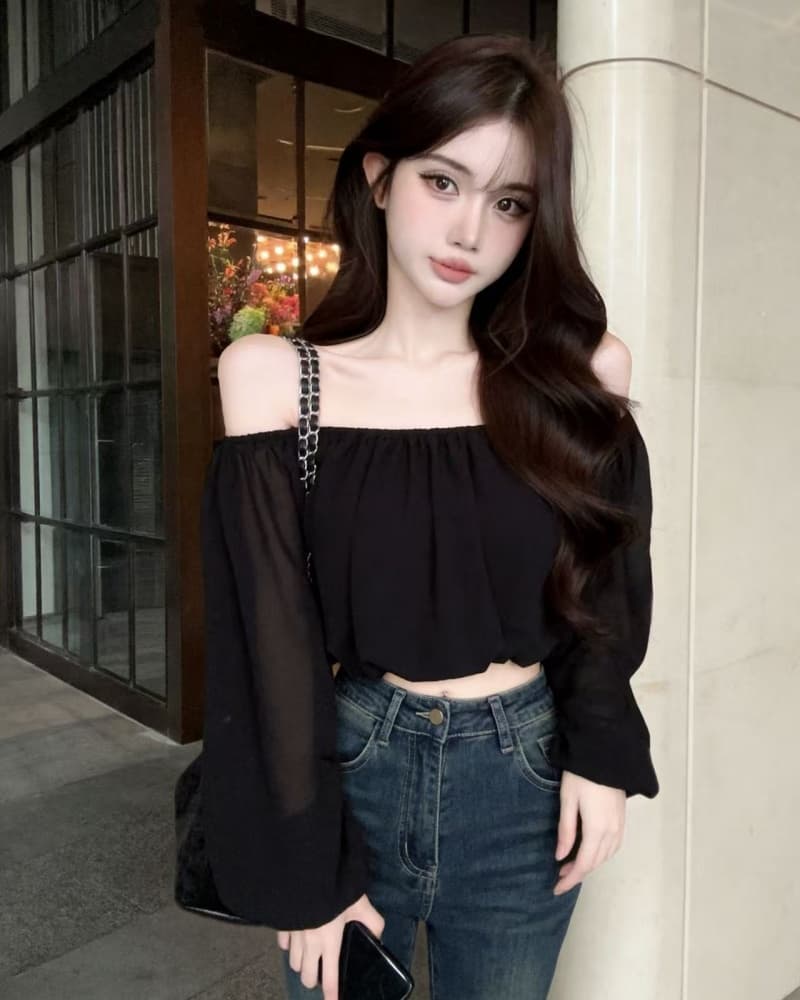 실사 새로운 섹시함 레오파드 무늬 쉬폰 오프숄더 거품 소매 맨위 여성 상세 이미지 33
