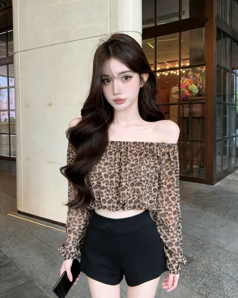 실사 새로운 섹시함 레오파드 무늬 쉬폰 오프숄더 거품 소매 맨위 여성 이미지 2