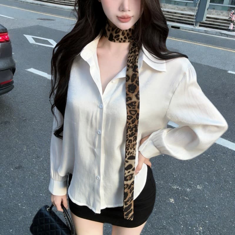 실사 새로운 순수한 욕망 품격 POLO 칼라 긴팔 레오파드 무늬 스카프 여성 셔츠 이미지 5