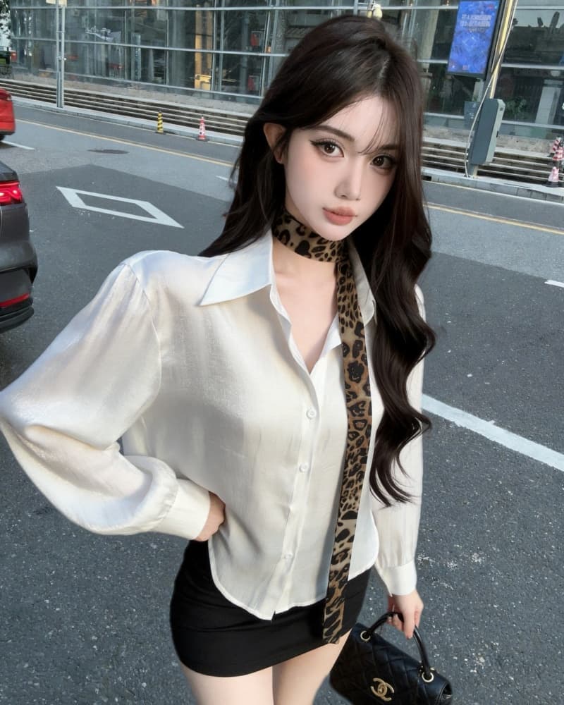 실사 새로운 순수한 욕망 품격 POLO 칼라 긴팔 레오파드 무늬 스카프 여성 셔츠 상세 이미지 5