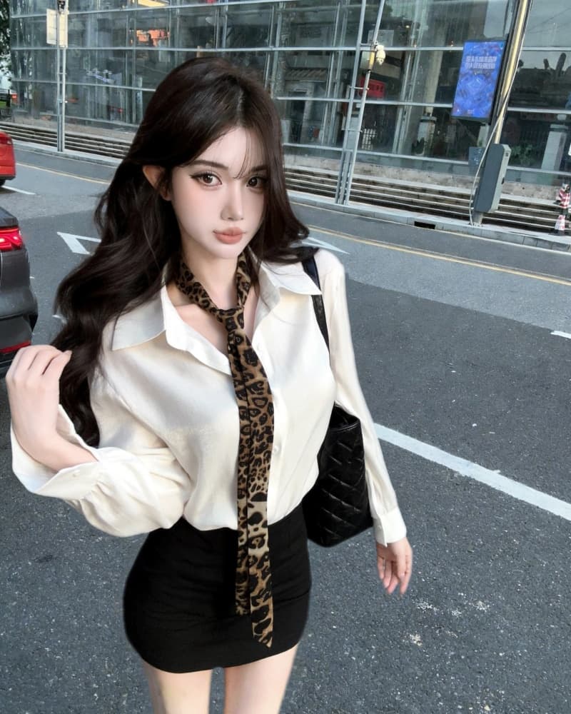 실사 새로운 순수한 욕망 품격 POLO 칼라 긴팔 레오파드 무늬 스카프 여성 셔츠 상세 이미지 10