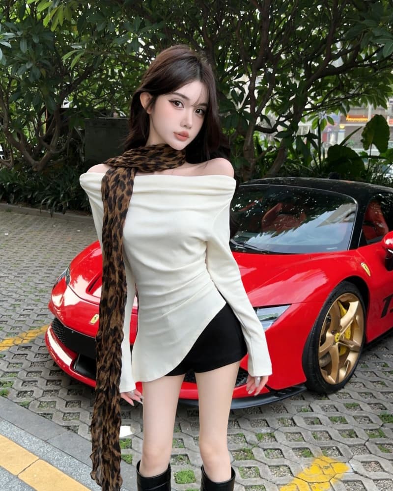 실사 새로운 섹시함 오프숄더 레오파드 무늬 행침 목 리본 긴팔 순면 티셔츠 여성 상세 이미지 1