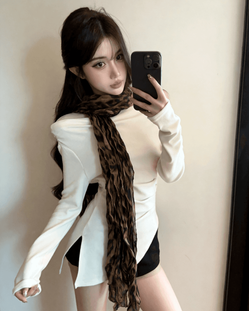 실사 새로운 섹시함 오프숄더 레오파드 무늬 행침 목 리본 긴팔 순면 티셔츠 여성 상세 이미지 4
