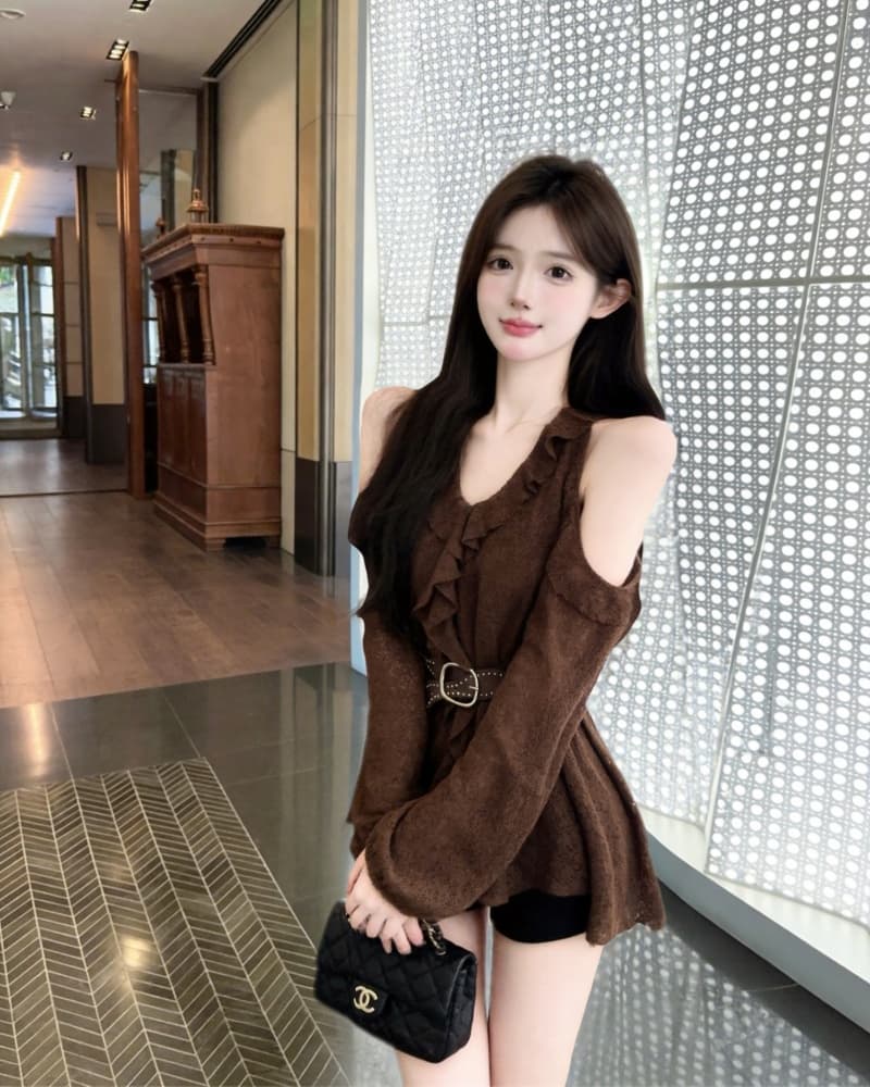 실사 새로운 고유 한 V넥 요금 레이스 오프숄더 레이스 맨위 여성 벨트 포함 이미지 2