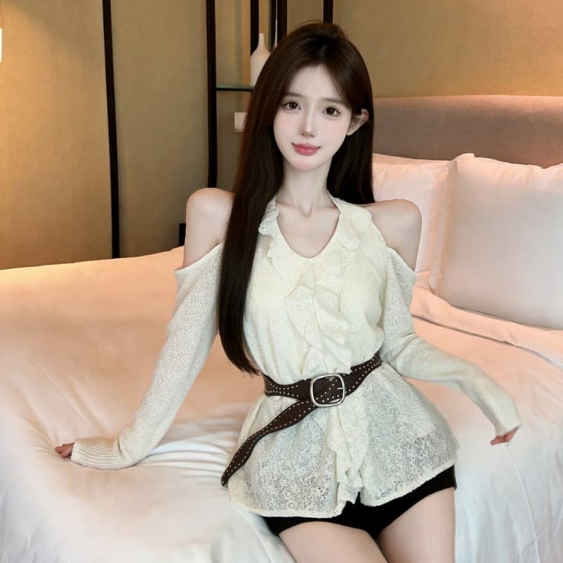 실사 새로운 고유 한 V넥 요금 레이스 오프숄더 레이스 맨위 여성 벨트 포함 이미지 5