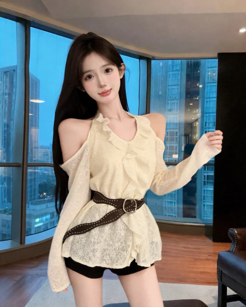 실사 새로운 고유 한 V넥 요금 레이스 오프숄더 레이스 맨위 여성 벨트 포함 이미지 3
