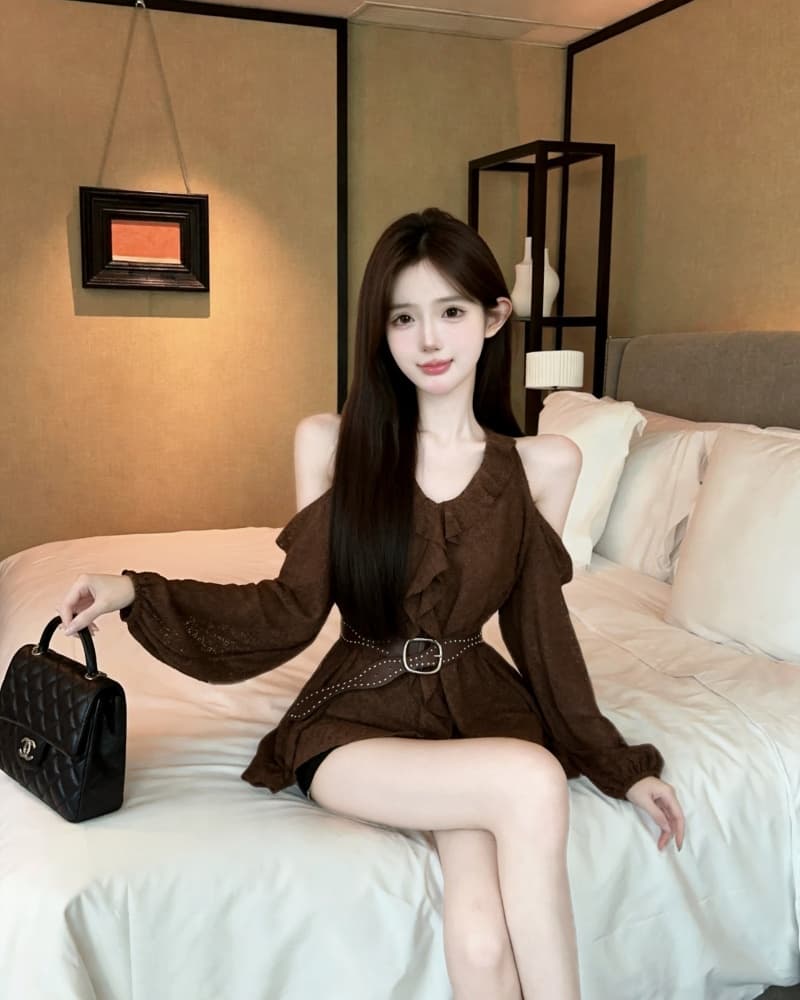 실사 새로운 고유 한 V넥 요금 레이스 오프숄더 레이스 맨위 여성 벨트 포함 상세 이미지 8