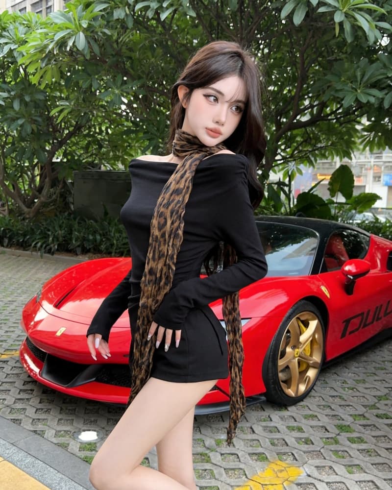 실사 새로운 섹시함 오프숄더 레오파드 무늬 행침 목 리본 긴팔 순면 티셔츠 여성 이미지 3
