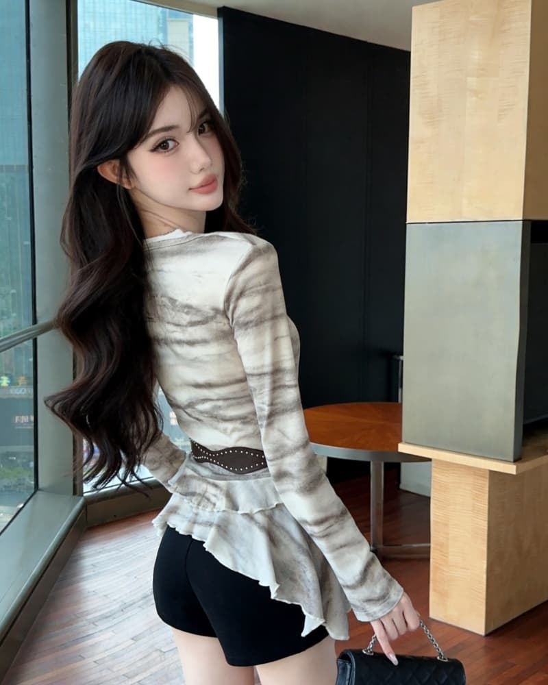 실사 새로운 레트로 헤일로 염색 오프숄더 불규칙 긴팔 맨위 여성 벨트 포함 이미지 4