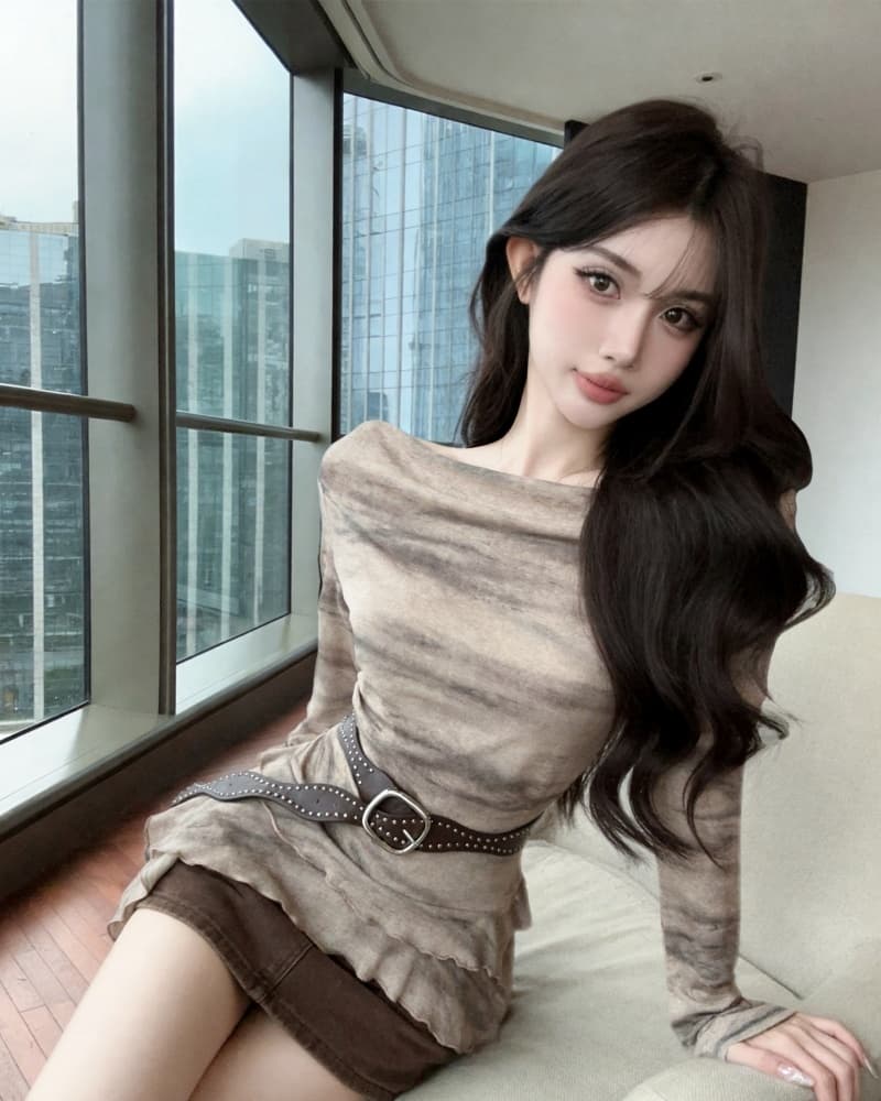 실사 새로운 레트로 헤일로 염색 오프숄더 불규칙 긴팔 맨위 여성 벨트 포함 상세 이미지 2