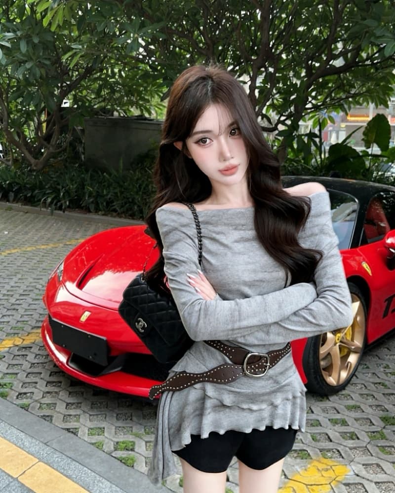실사 새로운 레트로 헤일로 염색 오프숄더 불규칙 긴팔 맨위 여성 벨트 포함 상세 이미지 7