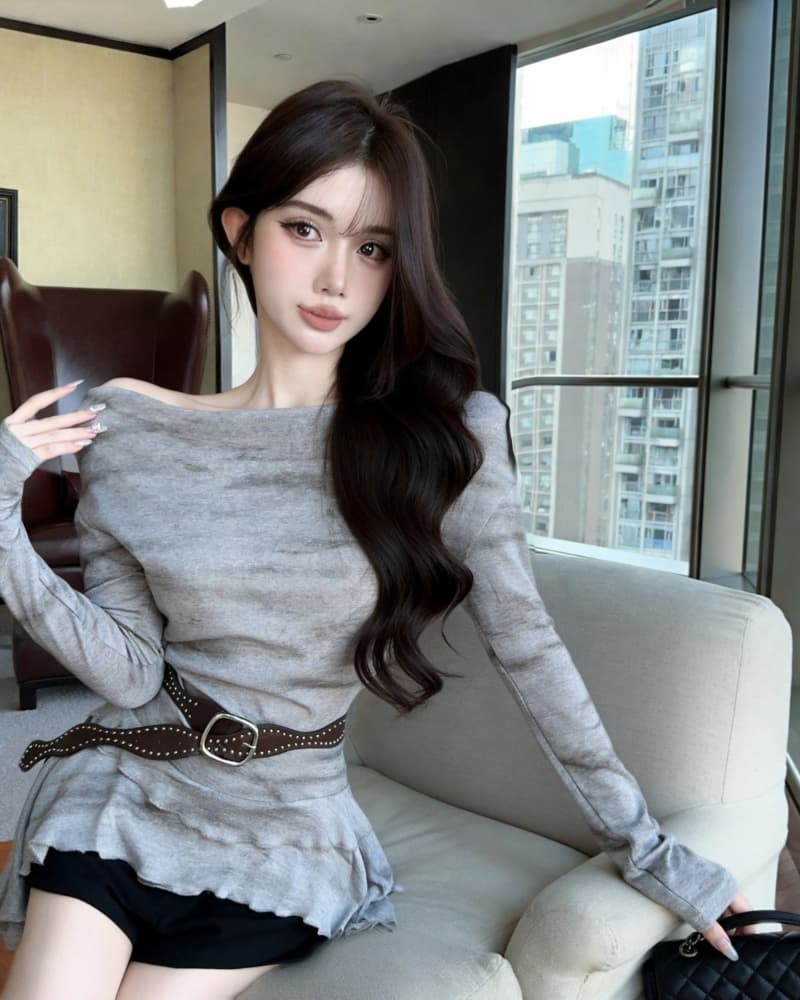 실사 새로운 레트로 헤일로 염색 오프숄더 불규칙 긴팔 맨위 여성 벨트 포함 상세 이미지 9