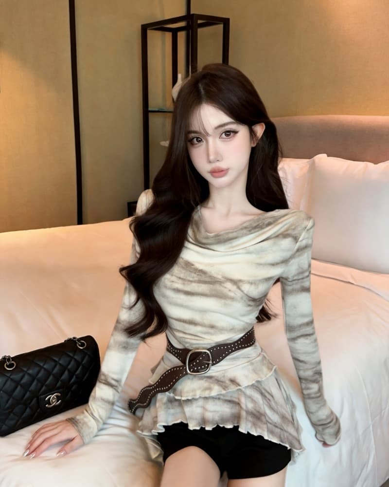 실사 새로운 레트로 헤일로 염색 오프숄더 불규칙 긴팔 맨위 여성 벨트 포함 상세 이미지 12