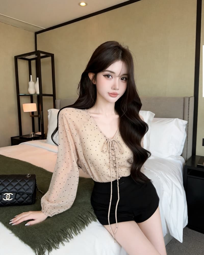 실사 새로운 슈퍼 잘 생긴 배색 작은 도트 무늬 V넥 쉬폰 긴팔 여성 셔츠 이미지 2