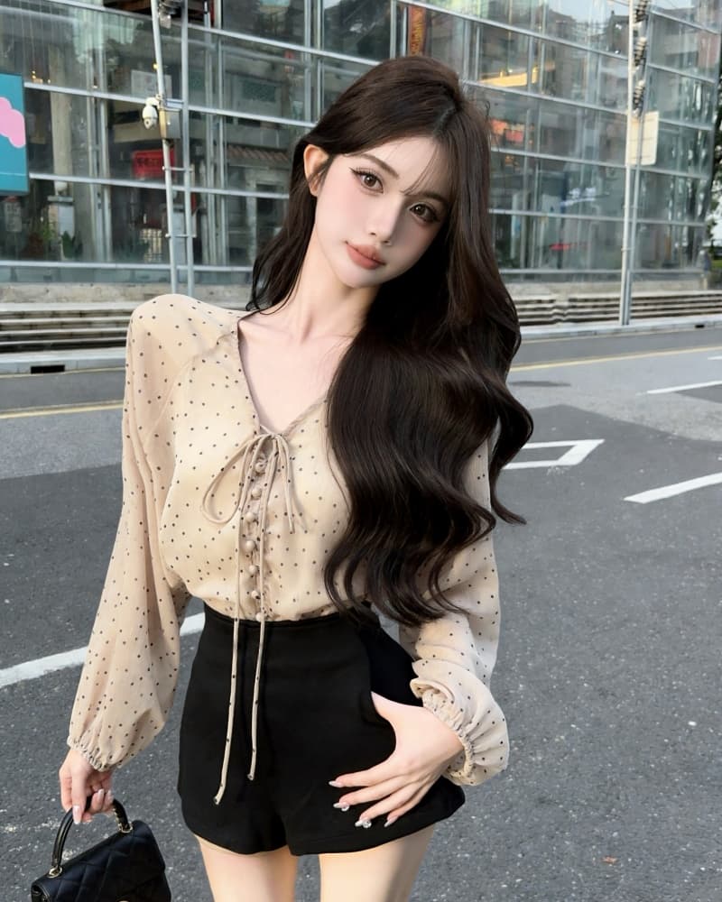 실사 새로운 슈퍼 잘 생긴 배색 작은 도트 무늬 V넥 쉬폰 긴팔 여성 셔츠