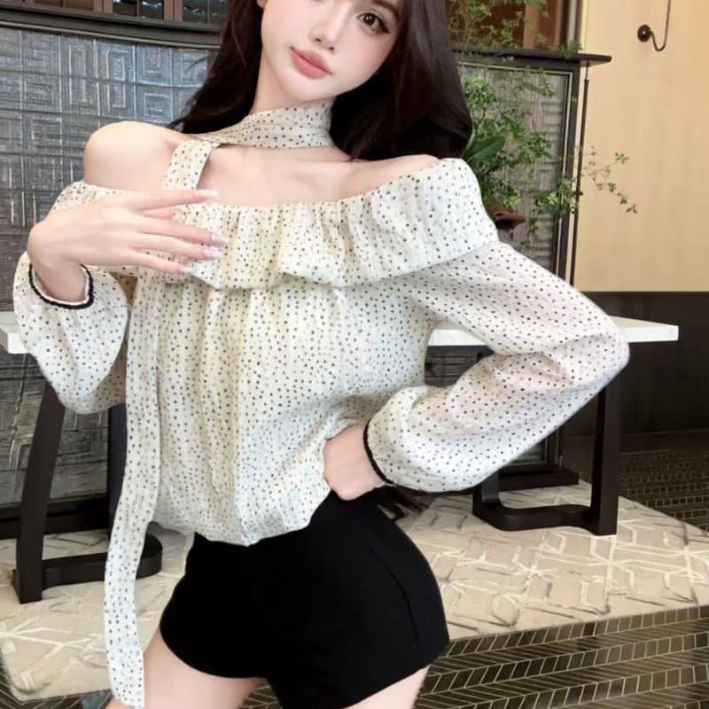 실사 새로운 외국 가스 프릴 오프숄더 도트 무늬 긴팔 여성 셔츠 경기 스카프 이미지 5