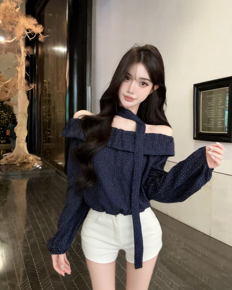 실사 새로운 외국 가스 프릴 오프숄더 도트 무늬 긴팔 여성 셔츠 경기 스카프 상세 이미지 8