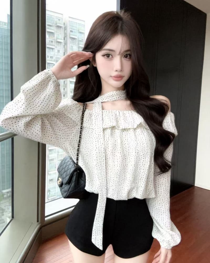 실사 새로운 외국 가스 프릴 오프숄더 도트 무늬 긴팔 여성 셔츠 경기 스카프 상세 이미지 9
