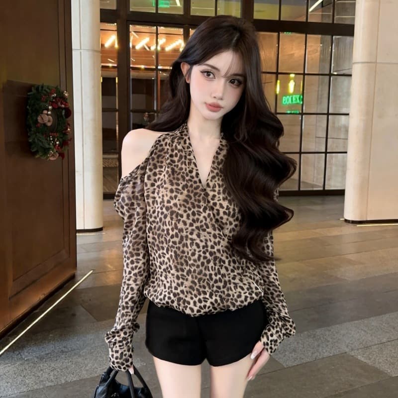 실사 새로운 레트로 V넥 홀로우 아웃 오프숄더 레오파드 무늬 긴팔 맨위 여성 이미지 5