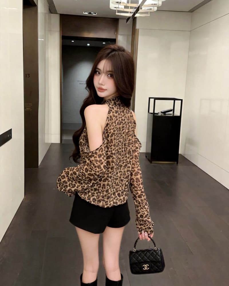 실사 새로운 레트로 V넥 홀로우 아웃 오프숄더 레오파드 무늬 긴팔 맨위 여성 상세 이미지 18