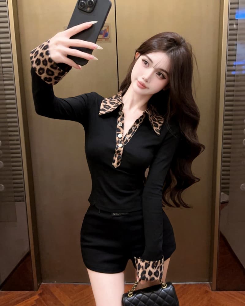 실사 새로운 레트로 V넥 레오파드 무늬 패치워크 순면 긴팔 티셔츠 여성 상세 이미지 14