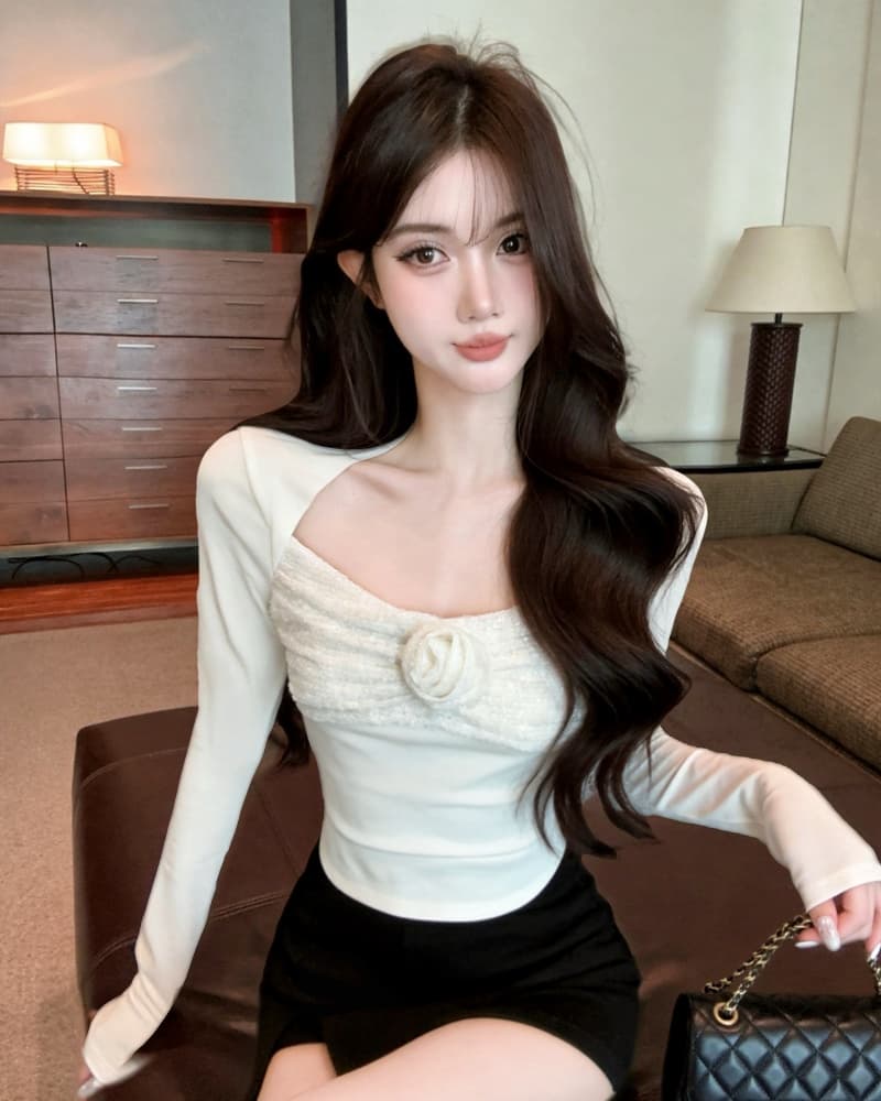 실사 새로운 순수한 욕망 광장 칼라 스팽글 3 차원 꽃 긴팔 순면 티셔츠 여성 이미지 2