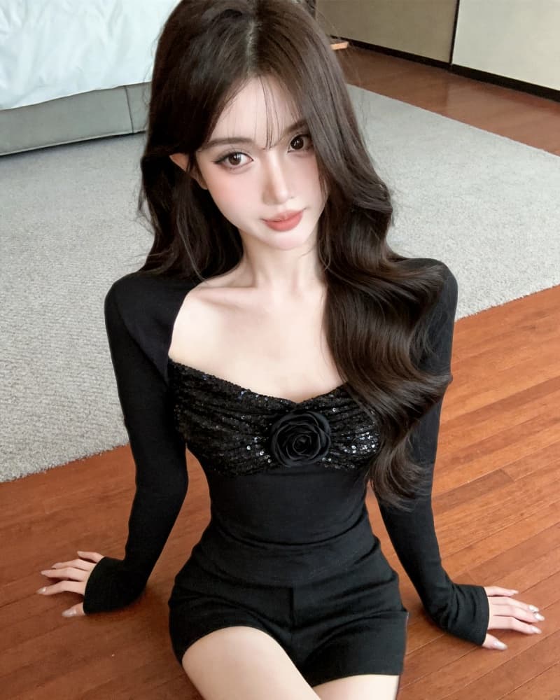 실사 새로운 순수한 욕망 광장 칼라 스팽글 3 차원 꽃 긴팔 순면 티셔츠 여성 상세 이미지 11