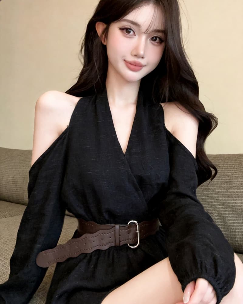실사 새로운 순수한 욕망 오프숄더 행침 목 프릴 불규칙 긴팔 맨위 여성 벨트 포함 이미지 4