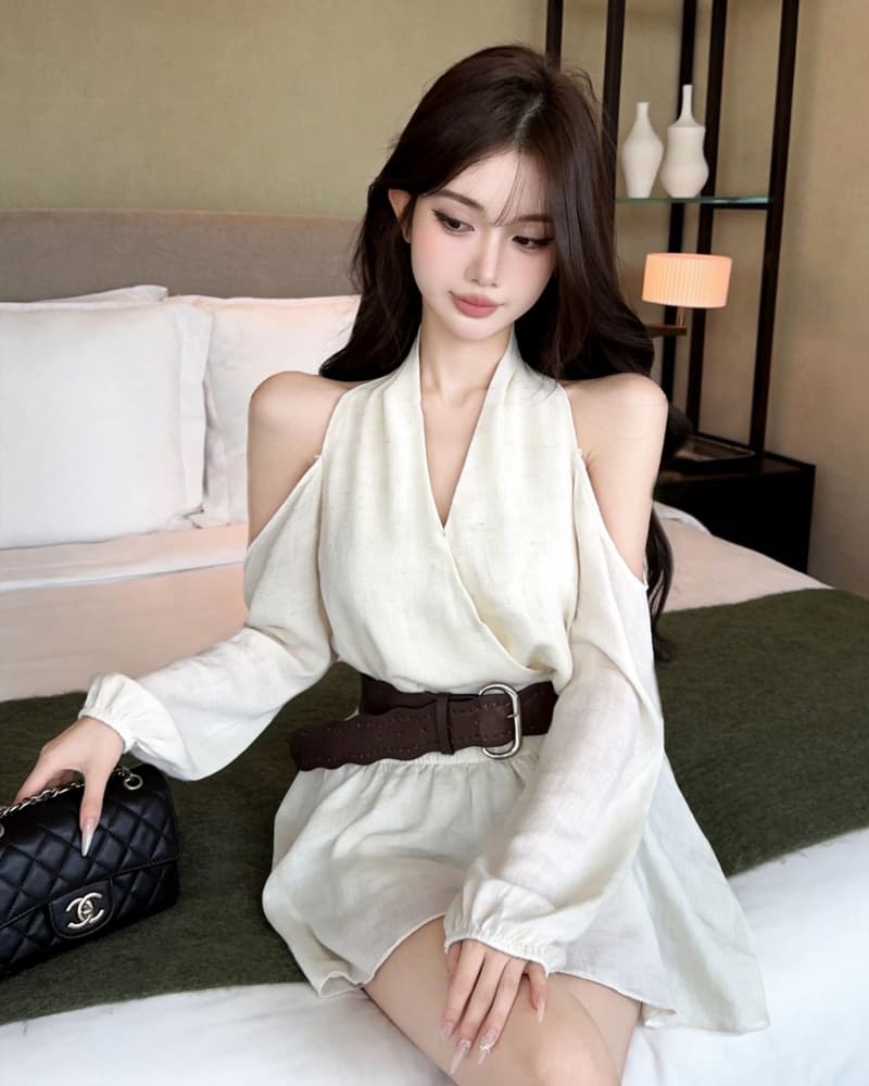 실사 새로운 순수한 욕망 오프숄더 행침 목 프릴 불규칙 긴팔 맨위 여성 벨트 포함 상세 이미지 1