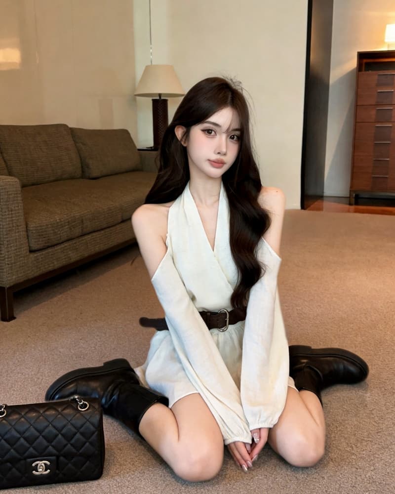 실사 새로운 순수한 욕망 오프숄더 행침 목 프릴 불규칙 긴팔 맨위 여성 벨트 포함 상세 이미지 3