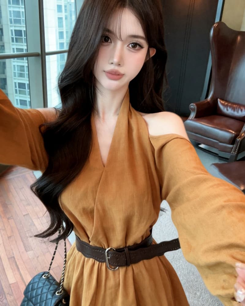 실사 새로운 순수한 욕망 오프숄더 행침 목 프릴 불규칙 긴팔 맨위 여성 벨트 포함 상세 이미지 12