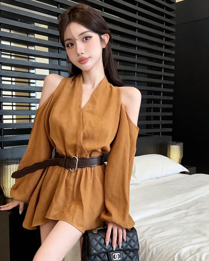 실사 새로운 순수한 욕망 오프숄더 행침 목 프릴 불규칙 긴팔 맨위 여성 벨트 포함 상세 이미지 13