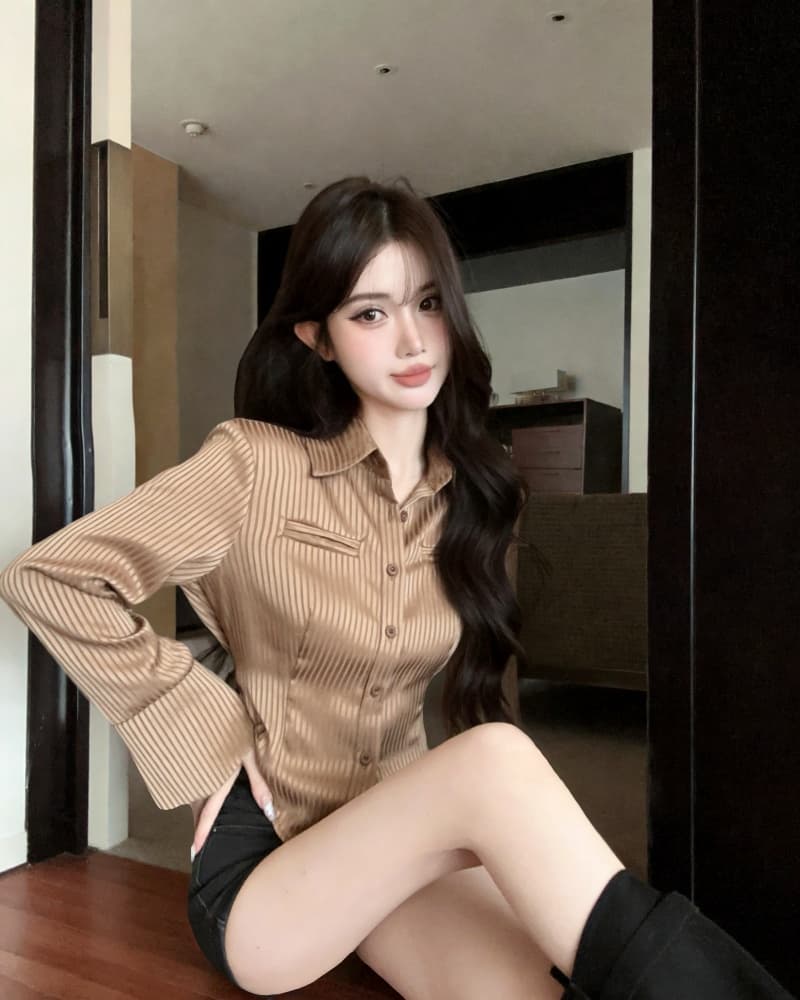 실사 새로운 고급 센스 폴로 칼라 허리 수축 긴팔 스트라이프 여성 셔츠 경기 넥타이 상세 이미지 7