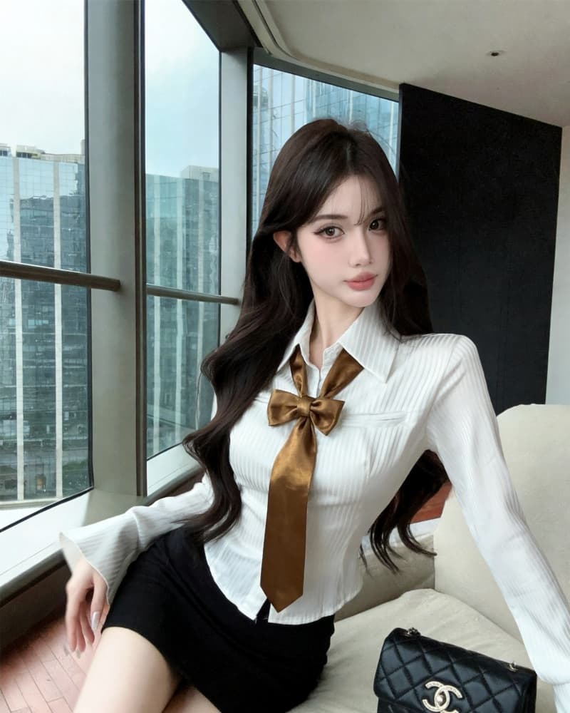 실사 새로운 고급 센스 폴로 칼라 허리 수축 긴팔 스트라이프 여성 셔츠 경기 넥타이 상세 이미지 11