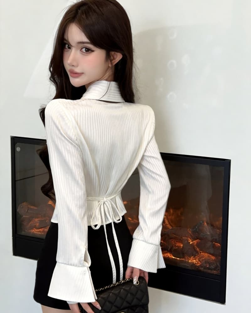 실사 새로운 고급 센스 폴로 칼라 허리 수축 긴팔 스트라이프 여성 셔츠 경기 넥타이 이미지 4