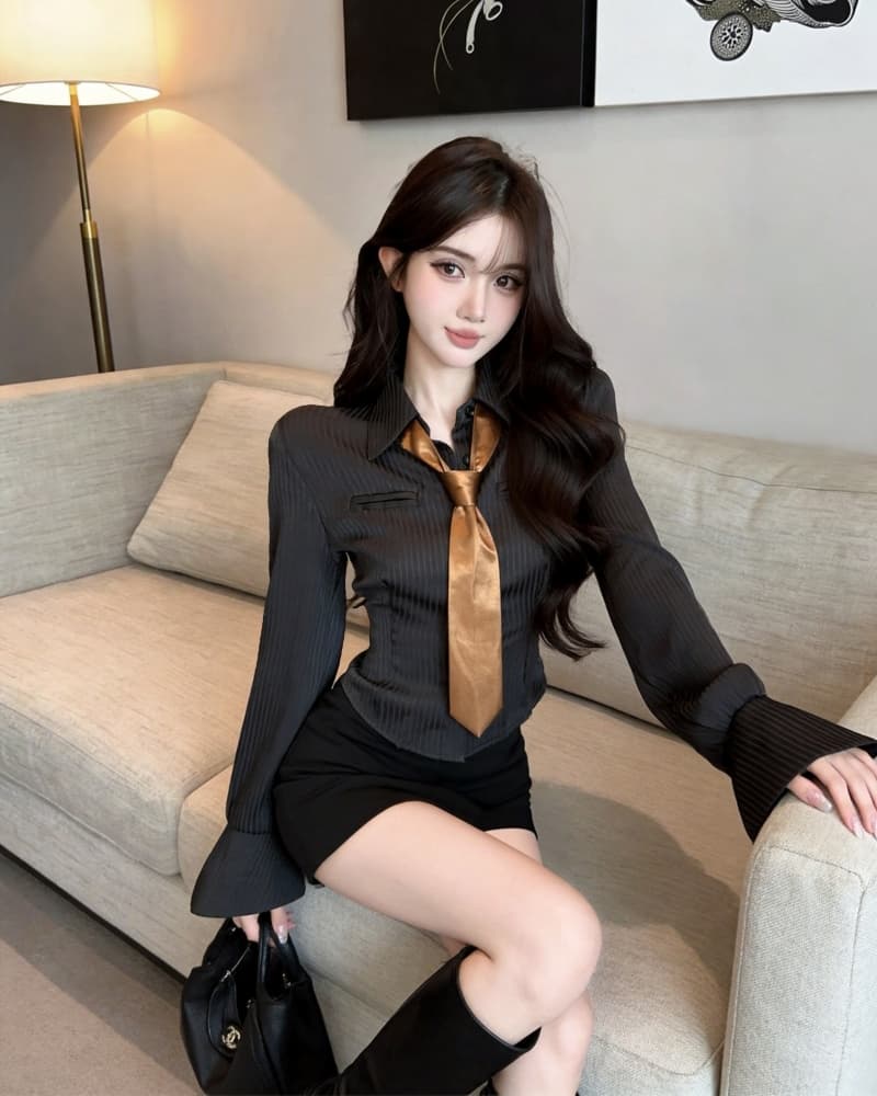 실사 새로운 고급 센스 폴로 칼라 허리 수축 긴팔 스트라이프 여성 셔츠 경기 넥타이 상세 이미지 20