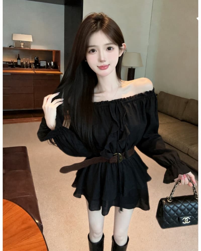 실사 새로운 순수한 욕망 바람 보트넥 허리 수축 불규칙 긴팔 맨위 벨트 포함 이미지 2