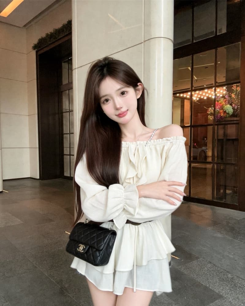 실사 새로운 순수한 욕망 바람 보트넥 허리 수축 불규칙 긴팔 맨위 벨트 포함 상세 이미지 2